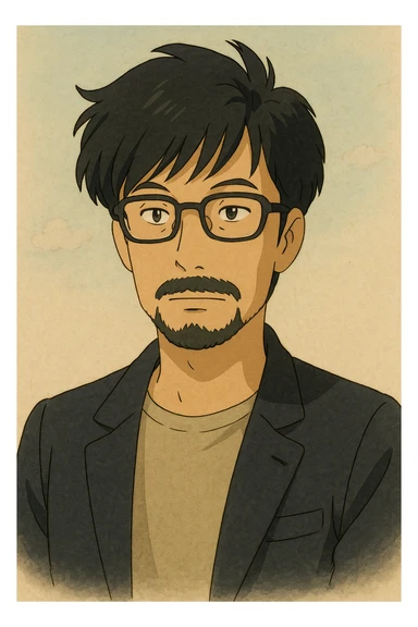 Hideo Kojima as a creative game director with glasses and unique hairstyle, stylized portrait in Ghibli style sticker