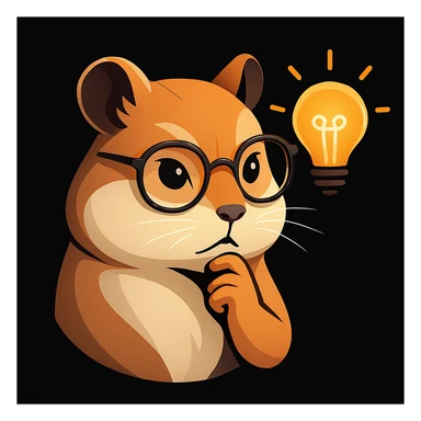 stylized illustration of a hamster with a paw on its chin, trendy glasses, and a bright idea lightbulb, not kiddish, solid black background sticker