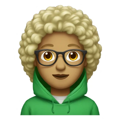 person with glasses and blonde fluffy hair and a green sweatshirt with hood up standing straight sticker