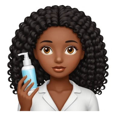 Uma boneca morena escura com olhos castanhos e cabelo cacheado longo preto, fazendo skin care sticker