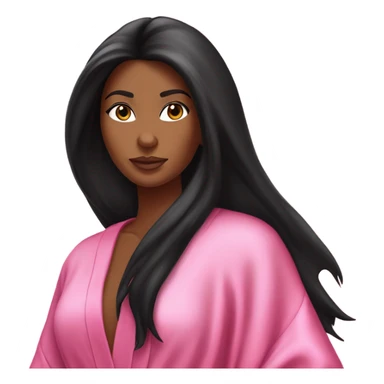 Tanned woman with long black hair wearing a silk pink Victoria’s Secret robe sticker