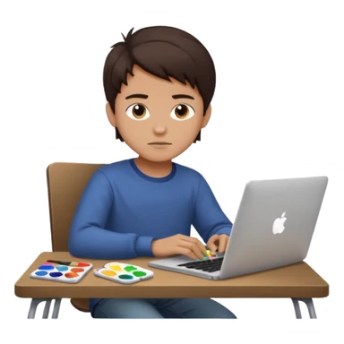 boy working in Macbook, he is graphic designer and paint artist, he seats facing me, and hair dark brown color sticker