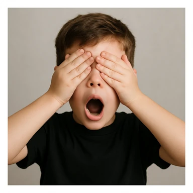 front image of a white boy with brown hair, surprised expression, hands covering his eyes, black shirt, front view sticker