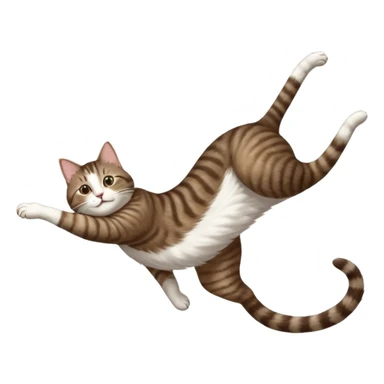 dark brown tabby and white cat with doing a big extremely long stretch reaching up into the air with arms and legs side by side together straight and overextended whilst lying on its side sticker