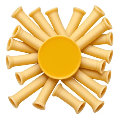 loose scatter of uncooked elbow-shaped pasta tubes in pale golden yellow, smooth matte texture, slightly curved forms, cleanly cut edges, surfaces subtly ribbed or plain, no plate, sauce, or packaging, soft lighting, subtle shadows, emoji scale sticker