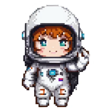 chibi astronaut waving with a floating helmet sticker
