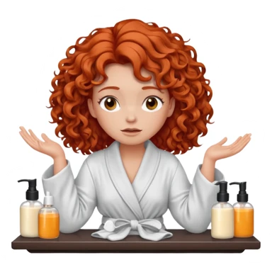 Cartoon emoji of a girl with voluminous curly red hair, fair skin, warm brown eyes. Wearing a chic milky silk robe with long sleeves, no makeup. Sitting at a vanity full of skincare products, holding her head with both hands, unsure which to choose. Smooth, simple, stylized." sticker
