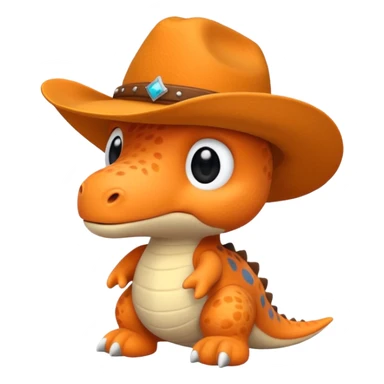 A emoji of a small dino plushie that's orange with a cowboy hat sticker