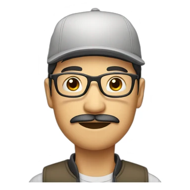 asian male with cap and glasses and moustache sticker
