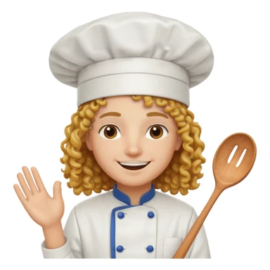 Long curly hair, happy, wearing chef uniform and chef hat sticker