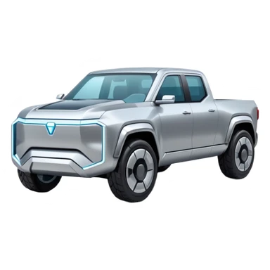 A futuristic electric pickup truck emoji, silver chrome body, angular cyber design, smooth metallic panels, subtle reflections, minimalistic proportions, iOS emoji style, centered composition, clean white background, soft lighting sticker