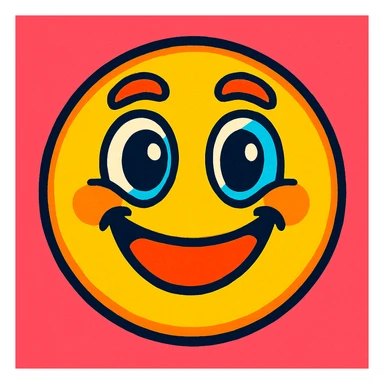 a smiling face emoji in a unique, creative 2D illustration style, vibrant colors, playful expression sticker