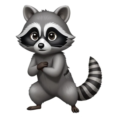 Cinematic-Raccoon-Realistic-hunched Full-Body-Standing on all fours-Emoji – Tail flicking lazily, head tilted dramatically, thick grey fur with a signature black mask, sharp and alert ears, simplified yet realistic focused features, highly detailed, glowing with an almost sarcastic glow. sticker
