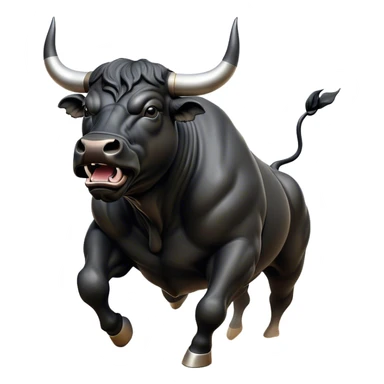 ​Cinematic Realistic Black Charging Bull, depicted in mid-charge with a powerful, muscular form and glossy black hide glistening under dynamic dramatic lighting, dust and motion captured mid-air to exude raw strength and unbridled energy on an expansive arena, sticker
