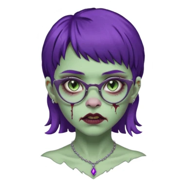 Una mujer zombie con perforacion en la nariz y perforación Madonna, lentes tipo ojo de gato, fleco pequeño y cabello largo morado oscuro  sticker