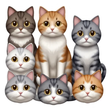 4 different coloured short haired cats including; a dark brown tabby and white cat, and a dark grey and white  sticker