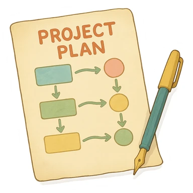 ghibli style whimsical project plan with paper and pen in soft colors sticker