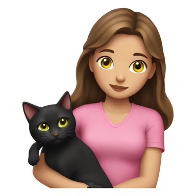 1 brown haired girl green colored eyes in a pink shirt snuggling black cat with yellow eyes sticker