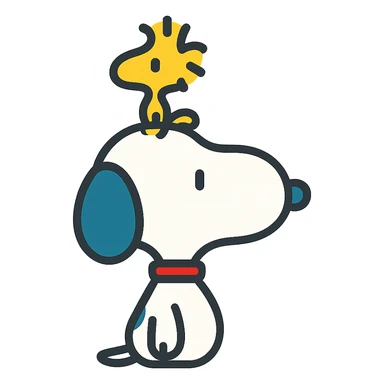 Snoopy, outlined and colorful, with a yellow bird on his head sticker