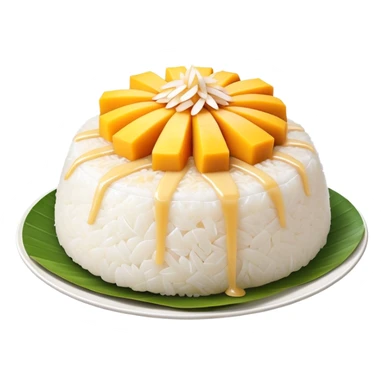 cinematic-realistic-mango-sticky-rice-dessert-emoji,-showcasing-sweet-sticky-rice out of a mould-paired-with-ripe-mango-slices-and-coconut-milk-rendered-with-lifelike-detail-and-warm,-inviting-lighting with the coconut  milk over the rice sticker