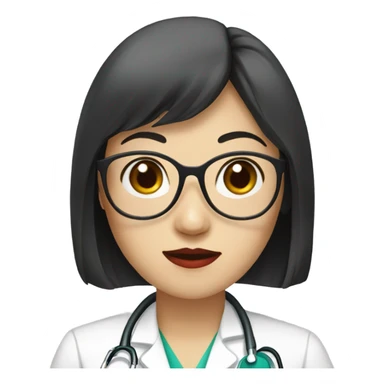 east Asian medical doctor woman with glasses with long hair and bangs and red lips sticker