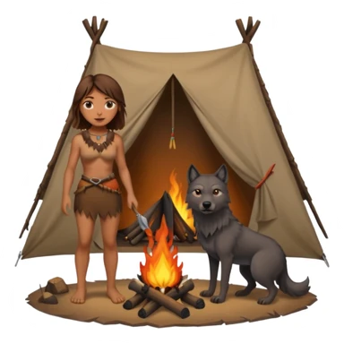 a NEANDERTHAL WOMAN WITH BROWN HAIR STANDING BY A FIRE AND TENT WITH BLACK WOLF sticker