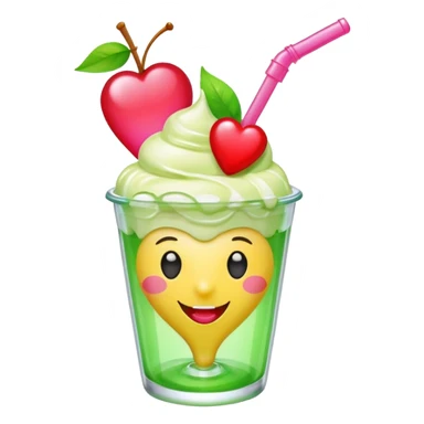 Create an emoji with a clear rounded glass, bright transparent green soda, vanilla ice cream scoop, two red cherries, pink heart-shaped straw, simple shapes, bright colors, glossy, kawaii style, centered, transparent background
 sticker