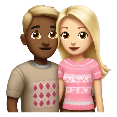 A beautiful blonde girl with brown eyes wearing a pink fair isle jumper. She’s kissing her boyfriend who is taller and darker blonde with brown eyes and a white T-shirt. sticker