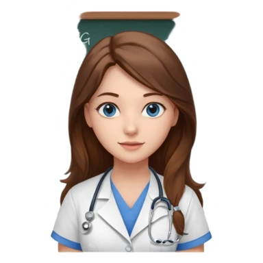 university classroom that says nursing school on the blackboard with a pretty female nursing student with long brown hair, blue eyes sticker