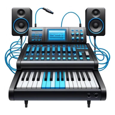 Create a professional and detailed emoji that represents sound design. The design should feature a high-end studio synthesizer (like the Korg), a sound mixing console with visible wires, large studio speakers, and a microphone to symbolize the essential equipment in sound design. Add musical note waves flowing around the equipment to emphasize the connection between sound creation and musical composition. Use sleek, modern colors like black, silver, and neon blue to represent the professional and futuristic nature of sound design. The background should be transparent. sticker