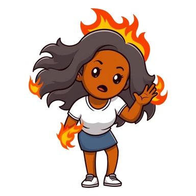African American woman with long hair, frustrated expression, hair on fire sticker