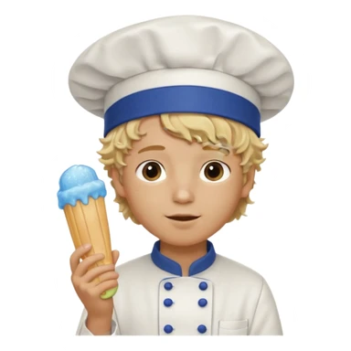 boy blonde curly hair, chef, eating blue ice pop sticker