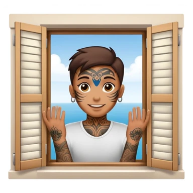 person with face tattoo looking out of window and he is opening shatters happy sticker