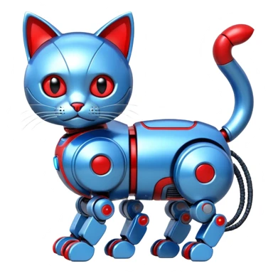generate robot cat, glossy, realstic, red and blue color, write on text "LMX" sticker