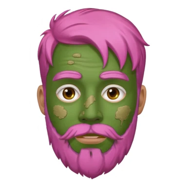 pink haired man with full full face dirty messy green clay mask and beard sticker