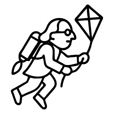 Ben Franklin flying with a jetpack and holding a diamond kite, clean modern outline, no fill sticker