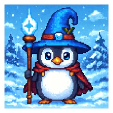 Add a snowy landscape background behind the pixel art penguin wizard, keep all original colors and style. Make it pixel art style. sticker