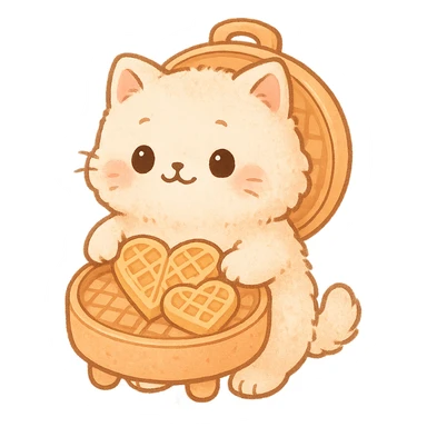 chibi style soft fluffy cat as a waffle maker, showing heart-shaped waffles, pastel orange, full-body sticker