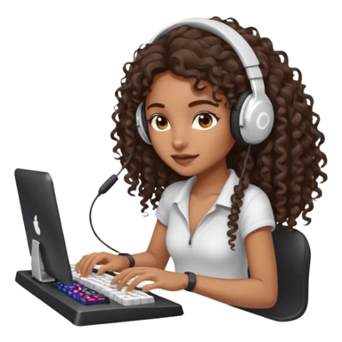 Brown skin Spanish girl with long dark curly hair, wearing a white gaming headset and playing on keyboard with a gaming mouse i sticker