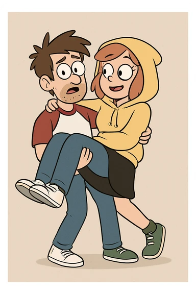 A man Raglan sleeves with Red t-shirts blue jeans white shoes carried by a cute a girl yellow hoodie black skirt green shoe  sticker