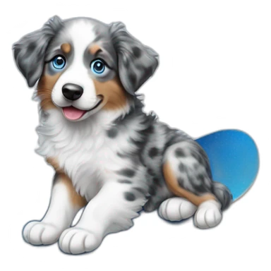 a 5 month old puppy, miniature American shepherd breed, blue merle color, with blue eyes, with a snowboard sticker