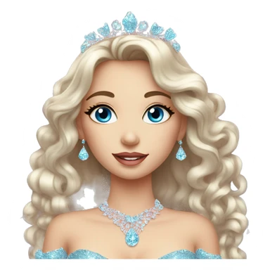 Gorgeous pastel Lady with blue eyes in a sparkly shiny dress with tiara and necklace and flowers behind her and trending  sticker