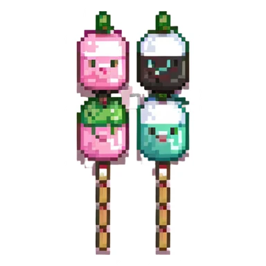 Pixel art Japanese dango skewer with three colorful rice balls in pink, white, and green colors sticker
