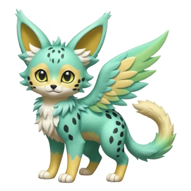 Epic complex detailed pastel minty green, pastel beige yellow pastel realistic aesthetic-scenic-Fakémon-Zorua-Litten-Trico-Sergal-Serval-Vernid-creature (full body) with far wings, shiny sparkly fairycore theme  sticker