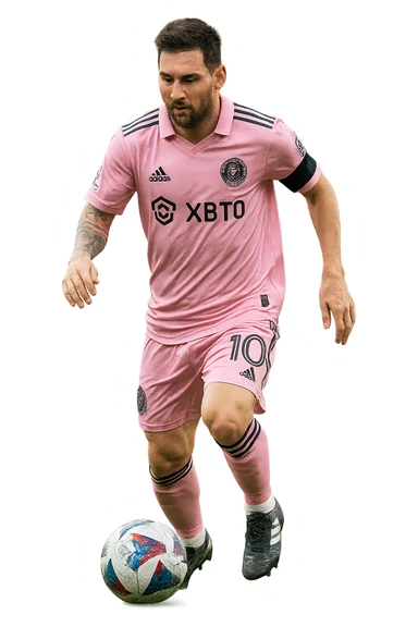 Messi dribbling a soccer ball, dressed in Inter Miami's pink jersey, realistic style, focused expression, no background sticker