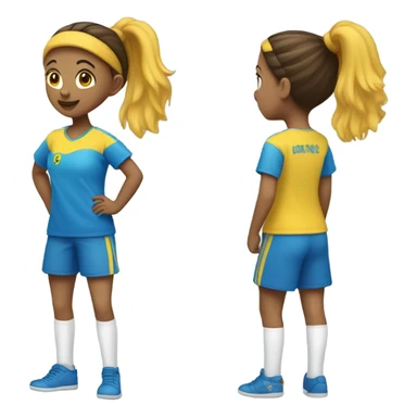 a girl playin handball with a 8 in her back and the t-shirt is yellow and blue and the short trousers blue she has a ponitail she has brown hair sticker