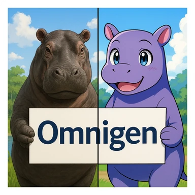 two hippo holding sign of omnigen, half picture 1 hippo is realistic another half is the anime of that same second hippo sticker