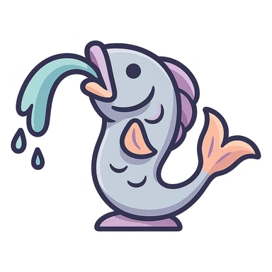 elongated slim fountain in the form of a fish with a water stream flowing from its mouth, eastern style, detailed drawing with shadows and highlights, thin clean contours, soft rounded shapes, pastel palette #98B5BC, #B5B3C1, #C9A3C9, #E4C0CA, #F7DCD1, #F7C0AA, modern Japanese pop art and sticker aesthetics, soft lighting, transparent background, no base or stand sticker