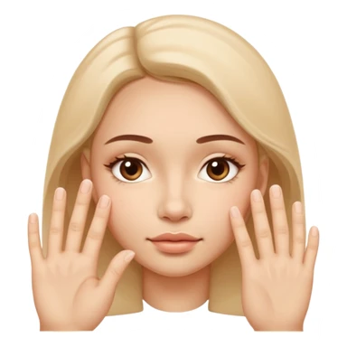 Simple wellness-style emoji of a face with a hand gently pressing and guiding facial fullness downward and outward, showing reduced face fat and puffiness, clear slimming effect on cheeks, natural and healthy look, no makeup sticker