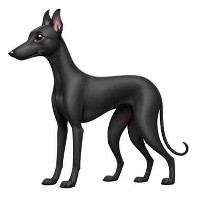 cinematic-[black greyhound]-realistic-full-body-sitting-emoji,-tail-resting-loosely-beside-its-paws,-head-tilted-dramatically, ears drooped, -sleek-[black]-fur,-simplified-yet-realistic-focused-features,-highly-detailed,-glowing-with-an-almost-sarcastic-glow sticker